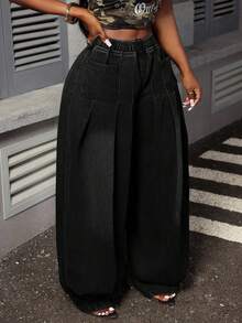 Slaydiva Women's Casual Washed Pleated Wide Leg Jeans - Black - View 3