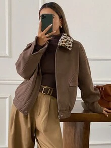 DAZY Chaqueta bomber de manga larga con estampado suelto de leopardo bordado, estilo casual de calle para mujer, otoño/invierno - Marrón - Ver 4