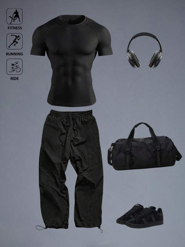 Manfinity Sport Corelite Comfortable Men's Sports Set Featuring Black Fabric And Short Sleeve For Workouts Gym Attire Gym Clothes Set Men Gym Set Active Outfit Workout Gear