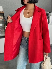 SHEIN Phụ nữ, Mùa thu, Màu đỏ, Chiều dài thông thường, Tay dài, Có thắt lưng, Túi - Đỏ - Xem 5