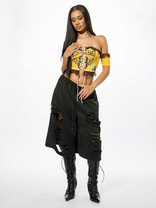SUMWON WOMEN Áo corset buộc dây Varsity có họa tiết cánh và chi tiết viền đen - Màu vàng - Xem 3