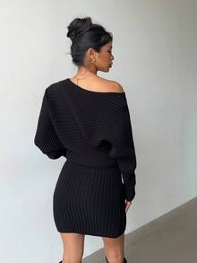 Aloruh Women's Casual Y2K Fashion Black Ribbed Asymmetric Collar Long Sleeve Loose Bodycon Mini Sweater Dress, Autumn/Winter