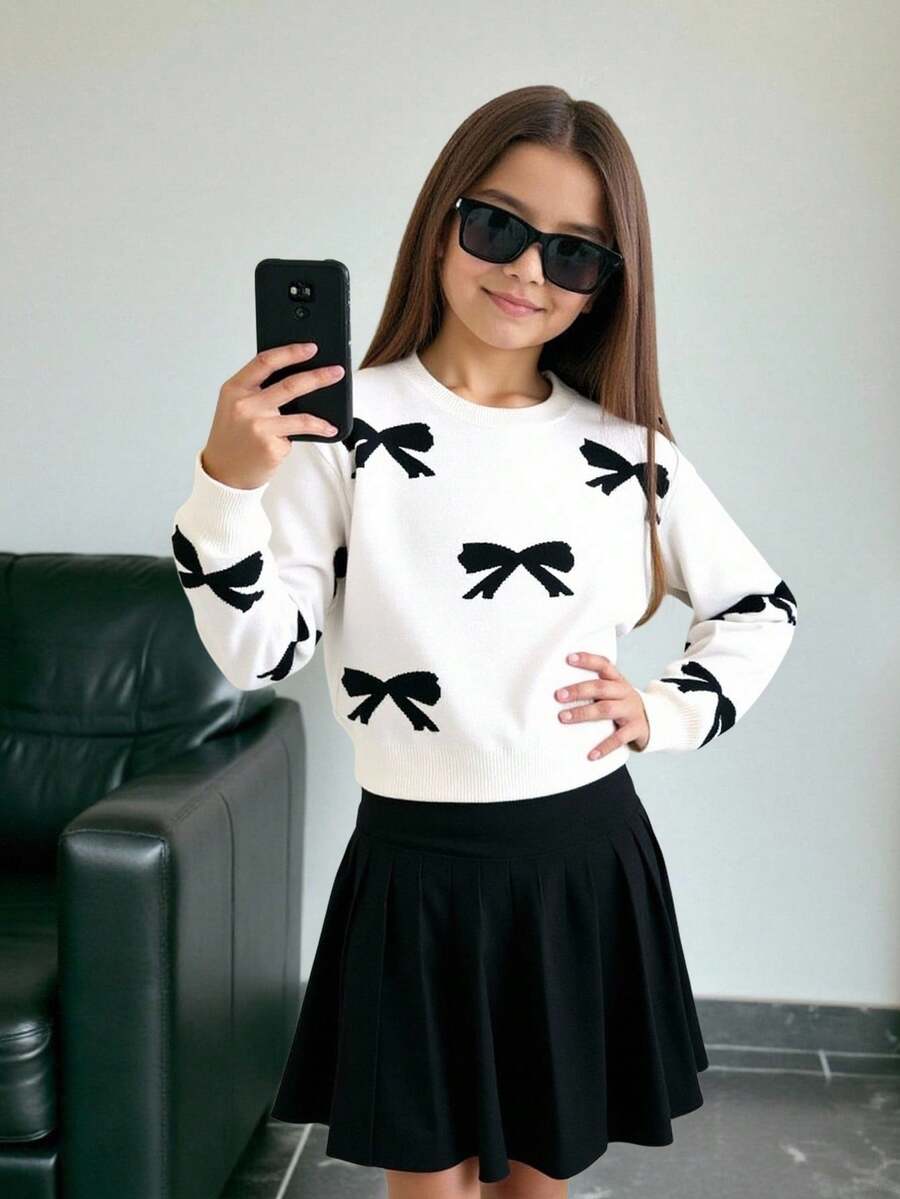 SHEIN Tween Girls Cute Bow Jacquard Knit Sweater And Knit Mini Skirt Set, Casual Daily Versatile Fashion Outfit Fall Winter - White - View 1