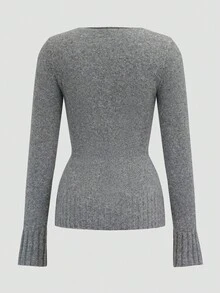 Attitoon 女士休闲复古V领修身灰色毛衣，适合秋冬季 - 灰色 - 查看 3