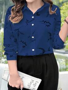 EMERY ROSE Plus Size Women Casual Beige Printed Long Sleeve Shirt - Navy Blue - View 6