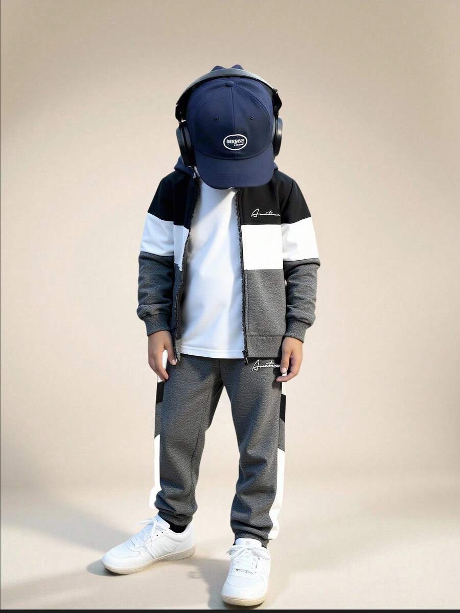 SHEIN Explorewe Young Boy Collegiate Style Color Block Zip-Up Hoodie Set, Spring/Autumn,ChicAutumn,Halloween, Christmas Fall Winter - Grey - View 1