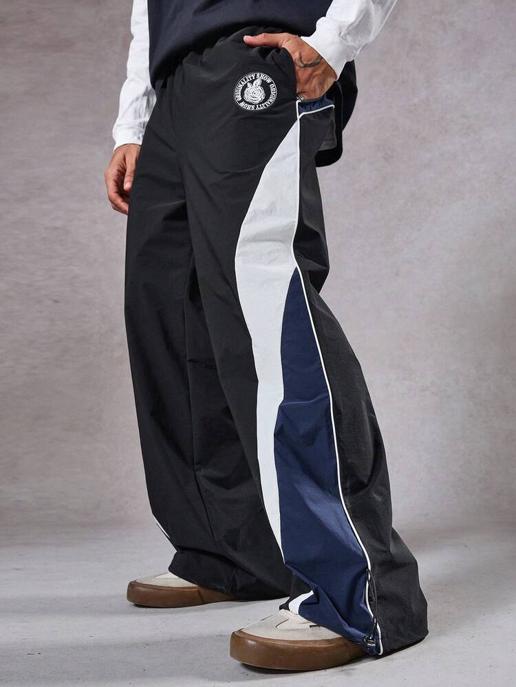 Men's Autumn Patchwork Contrast Color Embroidery Design Drawstring Hem Pants