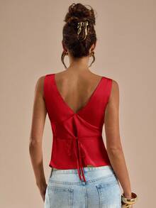 SHEIN BAE 黄色缎面蕾丝拼接背心，适合度假、海滩、音乐节、早午餐、婚礼宾客、伴娘、春夏、圣诞节等场合，红色上衣 - 紅色 - 查看 2