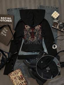 Attitoon Sudadera con capucha de ajuste ceñido de unicolor para mujer con estampado de alas cruzadas, inspirada en el vintage con estampado floral cruzado de otoño