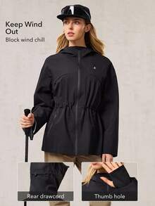 OutZeal Women Water-Resistant Windproof Drawstring Waist Zip Pocket Thumbhole Black Outdoor Shell Jacket Hiking Camping Fall Winter - Black - View 3