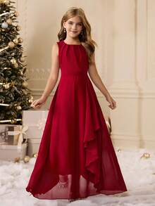 Elegant Burgundy Spaghetti Strap Long Formal Dress For Tween Girls Suitable For Evening Party, Wedding, Prom, Birthday, Graduation, Christmas, Halloween, And Other Occasions Fall Winter - Burgundy - View 5