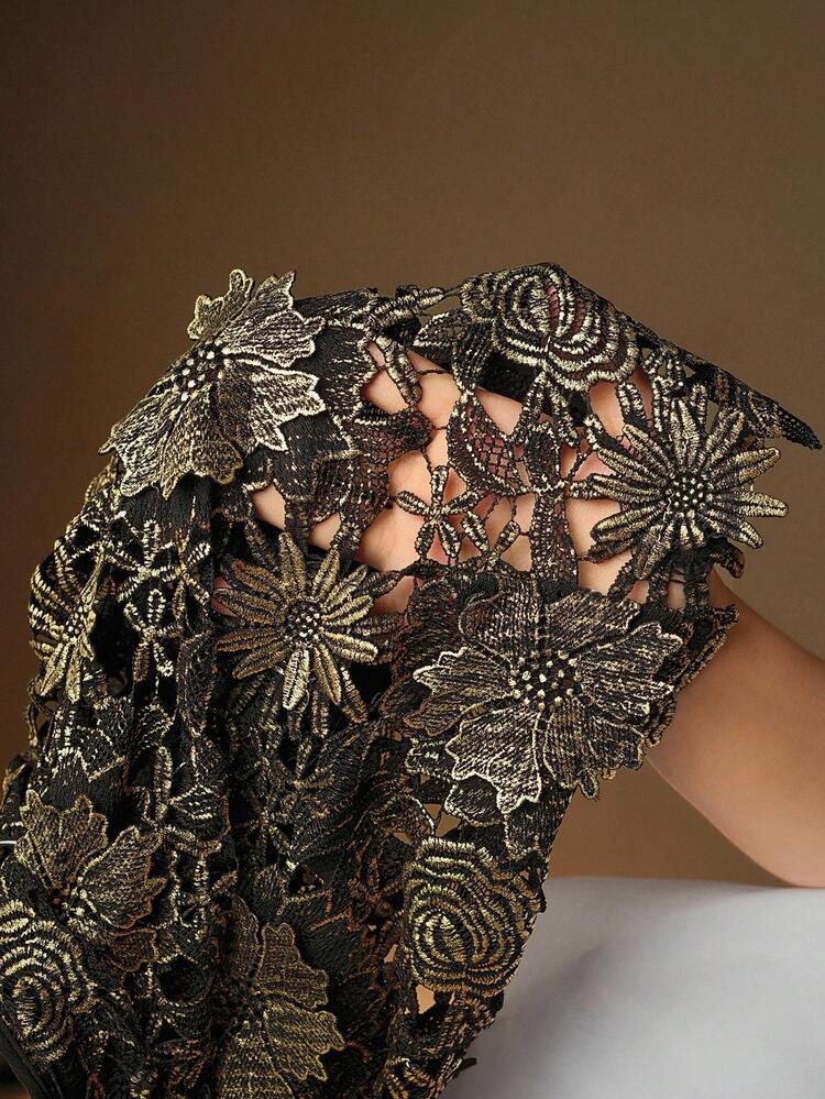 Women's Hollow Lace Texture Metallic Foil Blouse, Suitable For Fall, Winter, Spring, New Year, Party, Wedding, Elegant, Chic, Stylish, Cozy, Thanksgiving, Christmas