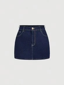 SHEIN MOD Fustă din denim elastic pentru femei plus size, fustă din denim cu căptușeală termică pentru toamnă/iarnă, fustă din denim îngroșată din fleece, fustă mini din denim închis la culoare, cu buzunare și cusături contrastante, pentru casual, versatilă, fustă din denim A-line, mărime plus, cu design cu talie înaltă și material durabil, perfectă pentru purtare de zi cu zi, iarna pentru femei, fustă de iarnă pentru ieșiri în oraș, fustă elegantă din denim - Spălare întunecată - Vizualizare 5