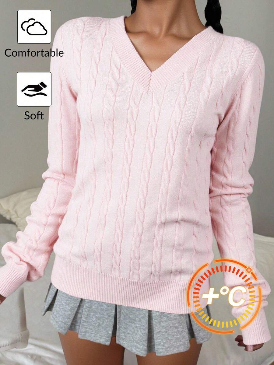 SHEIN 少女V领纯色宽松针织毛衣,简约百搭,适合上学、秋冬季 - 粉色 - 查看 1