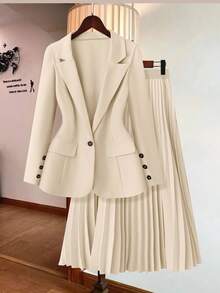 GlowEve CURVE Bộ 2 món cỡ lớn, màu trơn, áo khoác dài tay và chân váy, phong cách tối giản, phù hợp cho mùa hè và mùa thu dành cho nữ. - Màu be - Xem 5