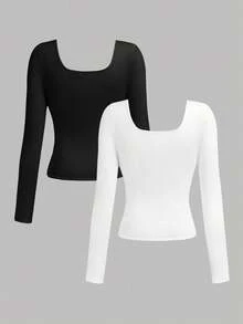 Girlism 2pcs/Set Teen Girls' Black & White Knit Turtleneck Ruched Waist Long Sleeve Casual Versatile Minimalist T-Shirts, Autumn/Winter Girls Tight Tops Tight Tops For Teens Tight Fitted Tops Long Sleeve Tops Black And White Long Sleeve Tops - Black and White - View 2