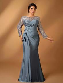 Serin Plus Size Elegant Luxury Beaded & Sequin Embellished Ruched Mermaid Hem Satin Gown, Suitable For Wedding Event, Bachelorette Party, Gala, Cocktail, Mother Of The Bride Dress