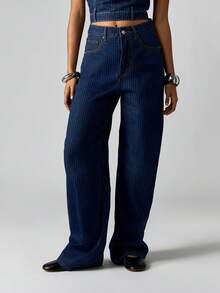 MISSGUIDED 棉质细条纹牛仔高腰阔腿牛仔裤，女式复古风格直筒阔腿裤，带细条纹图案 - 深色水洗藍 - 查看 3