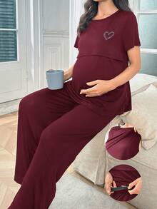 Moonlight&Mama 纯色牛奶丝心形印花孕妇睡衣套装 - 酒紅色 - 查看 7