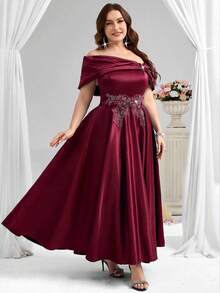 Coutiva Elegante vestido de bola de satén con hombros caídos, cuello asimétrico con diseño de aplicaciones y vuelo amplio, adecuado para fiesta de cumpleaños, ceremonia de graduación, invitado de boda, fiesta de regreso a clases