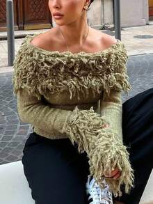 Siren Gaze Autumn/Winter New Distressed Off-Shoulder Fringe Sweater For Women,Christmas Sweater Chic Green Casual Spring - Green - View 9