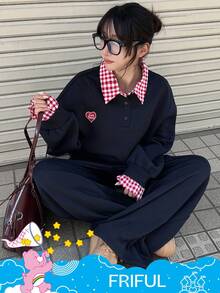 SHEIN X Care Bears FRIFUL 2件套女士格子拼接宽松加厚二合一卫衣和阔腿裤套装