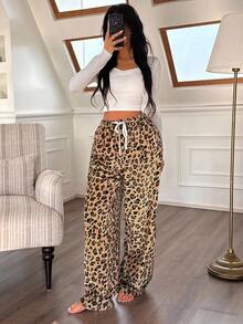 SHEIN 女士系带腰身蓬松仿毛皮豹纹休闲直筒宽松裤，保暖舒适百搭，秋冬季节，温暖舒适 - 黃色 - 查看 6