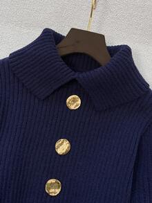 GlowEve 女士时尚百搭高领金属纽扣灯笼袖毛衣 - 藍色 - 查看 5