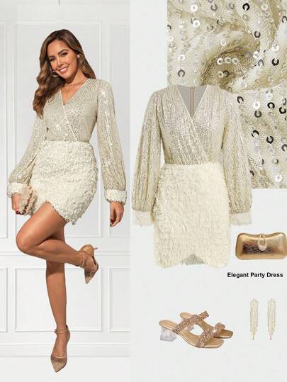 Ellevyn Women's V-Neck Overlap Long Sleeve Apricot Waist Cinching Slim-Fitting Elegant Bodycon Mini Dress, Suitable For Daily Wear And Party, Autumn/Winter