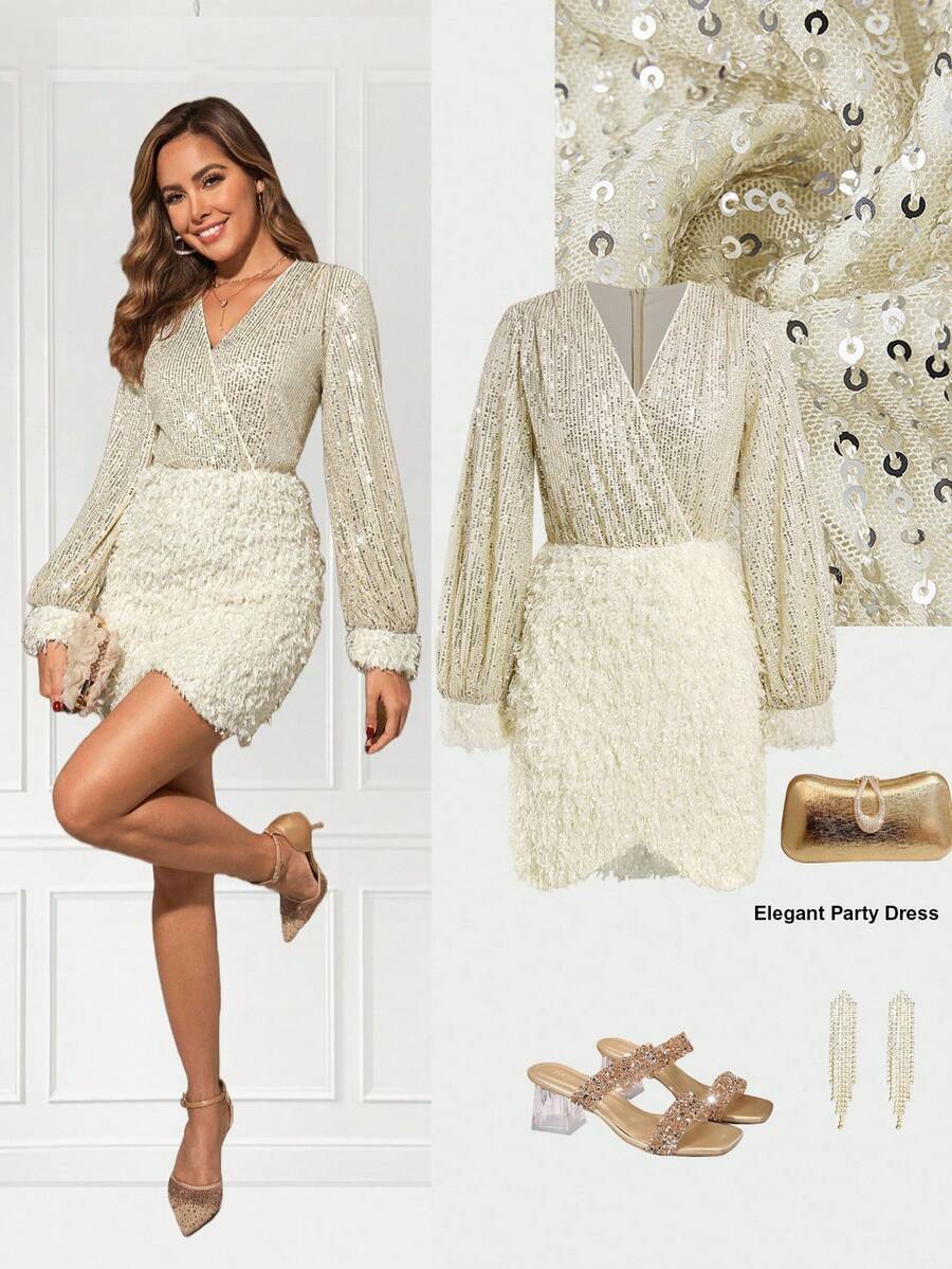 Ellevyn Women's V-Neck Overlap Long Sleeve Apricot Waist Cinching Slim-Fitting Elegant Bodycon Mini Dress, Suitable For Daily Wear And Party, Autumn/Winter - Apricot - View 1