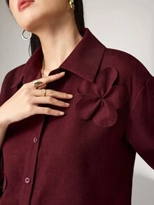 Heiryn Set elegant de 2 piese pentru femei, cu imprimeu floral 3D, cămașă și fustă, model navetist - Burgundia - Vizualizare 6