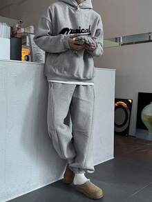 DAZY Men's Letter Print Thermal Lined Hoodie & Sweatpants Set, Elastic Waist, Autumn/Winter