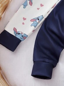 2 件套男婴柔软舒适贴身睡衣套装，可爱卡通兔子印花拉链长袖连体衣 - 藍白色 - 查看 6