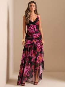 SHEIN BAE 秋冬纯粉色花卉扎染印花紧身胸衣垂坠领高开衩透视长裙，性感优雅连衣裙，浪漫连衣裙，约会连衣裙，生日连衣裙，夜总会派对，万圣节，圣诞节，约会派对，外出连衣裙，露背性感长裙，秋季连衣裙 - 粉色 - 查看 5