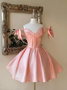 Lovelzi Elegant Luxurious Romantic Shiny Satin Off Shoulder Exaggerated Big Bow Sleeve Pleated Peplum Hem Dress, Suitable For Evening Party, Wedding, Gala - Baby Pink - View 5