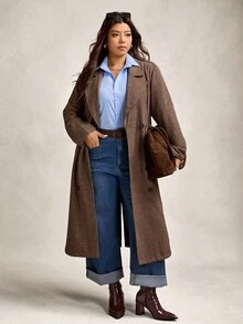 Zelara 大码女式格子印花双排扣羊毛大衣，秋季女式外套，长款女式外套，风衣，格子大衣，冬季女式外套，棕色女式冬季外套，时尚女式冬季外套，秋季女式外套，冬季女式冬季外套，外出上衣，乡村风女式外出外套，棕色格子大衣，冬季女式外套，感恩节女式外套 - 彩色 - 查看 8