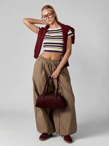 MISSGUIDED 灯笼裤阔腿高腰休闲裤，松紧腰带，侧袋 - 卡其色 - 查看 5