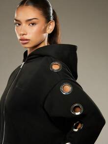 MISSGUIDED Oversized Zip Through Hoodie With Eyelet Detail Sleeves Long Sleeve Sweatshirt For Casual Streetwear Fall Winter