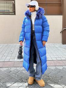 EURMUSE Kunstpelz Kapuzenpullover mit detailliertem Reißverschluss, oversized Passform, gesteppt, Wintermantel - Blau - Übersicht 4