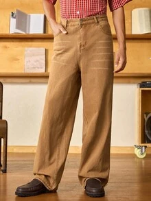 Open Phase STONE DISTRICT 男士复古做旧棕色牛仔裤，宽松直筒低裆休闲裤，牛仔裤，牛仔布，适合秋冬春夏穿着 - 棕色 - 查看 1