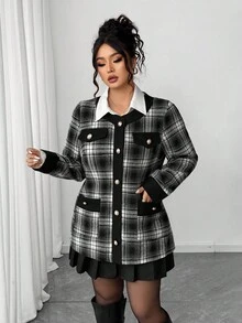 Elenzga Gothic Academia Check Detail Halloween Plus Size Coats Fall Winter Autumn - Black and White - View 4