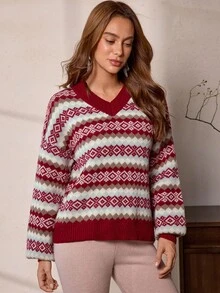 Áo len thường ngày Jacquard nhiều màu kiểu phương Tây dành cho nữ, LanaWest - Đỏ - Xem 3