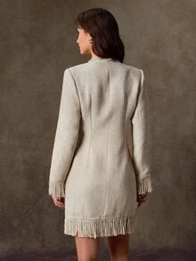 Lilora Khaki Tweed Tassel Long-Sleeved Short Women's Dress, Autumn/Winter,Business, Retro, Party, Resort, Outing, Old Money,Siren Coquettish, Prom, Ball, Valentine's Day, Cruise Attire, Commuting,  Richly Layered, Date Night, Gathering, Minimalism, Birthday, Formal Event,  Ibiza, Nashville, Break, Modest, Chic, Casual, Shopping, Street Wear, Going Out, Coquette,Sexy,Vintage,Street Wear,Boho,Formal,2000s Style,Casual,Hippie,Retro,Old Money Style - Apricot - View 3