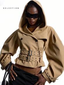 LYSMO SELECTION  2025 New Arrive Minimalism Fall Women Clothes Cargo Solid Color Fashion Exaggerated Design Oversize Hat Long Sleeve Jacket Bomber Jacket Halloween Clothes Women Business Casual Woman Back To School, Homecoming, 2000s Style, Y2K Clothes Women, Streetwear,For Going Out Outfits Gothic Clothes Poncho - Khaki - View 6