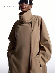 LYSMO 女士纯色翻领长袖宽松休闲风衣 - 卡其色 - 查看 7