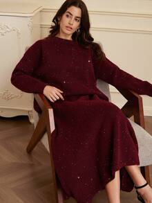 Aveloria Rosie 勃艮第酒红色闪亮亮片混纺休闲优雅百搭长款毛衣和中裙两件套，秋冬 - 酒紅色 - 查看 3
