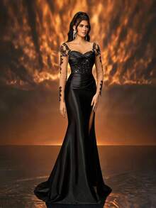 Glamrae 优雅华丽黑色奢华亮片透视长袖手工贴花缝合弹力缎适合婚礼活动单身派对节日舞会晚礼服秋冬（重口味） - 黑色 - 查看 6