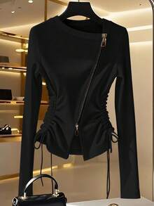 Franclia 时尚法式侧收不对称领金属拉链白色女式长袖 T 恤，春秋 - 黑色 - 查看 3