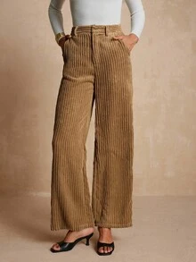 Vesra Women's Wide Leg Pants With Corduroy Texture And Side Pockets - Coffee Brown - View 5