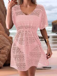 Swim Lushoire Women Solid Color Short Sleeve Cover Up, Fashionable For Summer - Dusty Pink - View 1